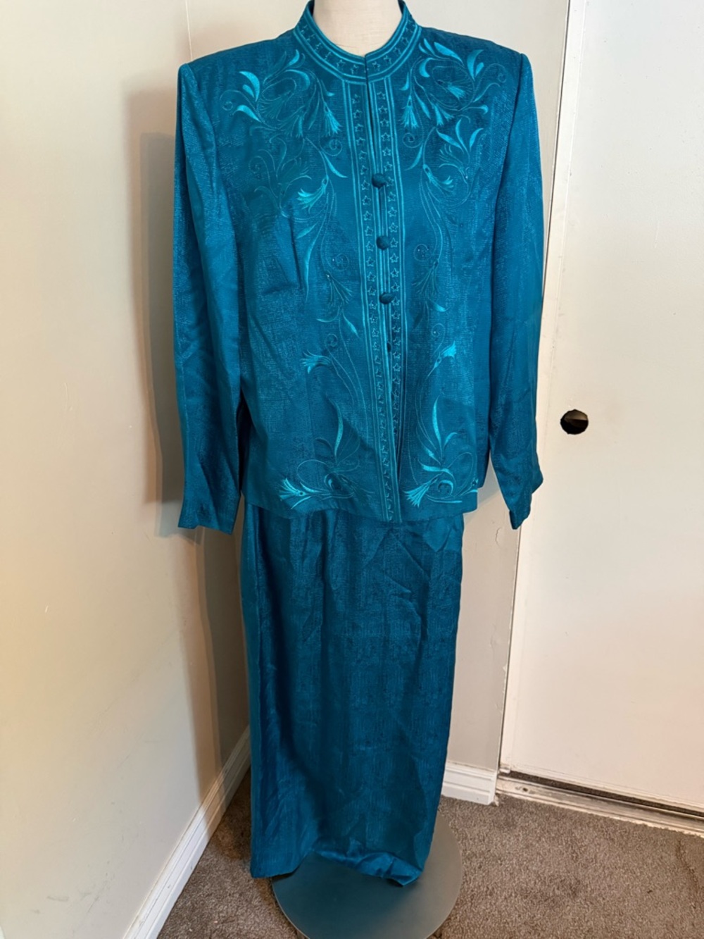 Drapers & Damon's Teal Embroidered Silk Jacket and skirt